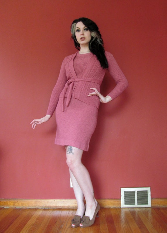 Vtg 60s Sweater Knit Dress Set / Dusty Rose Knit /