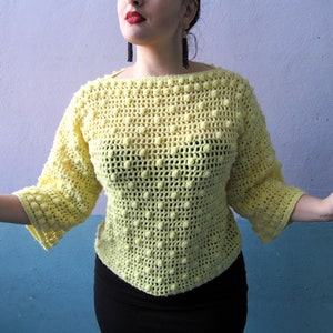 Vtg 70s Crochet Bobble Knit / Bell Sleeves / Yellow Sweater / Popcorn Knit image 1