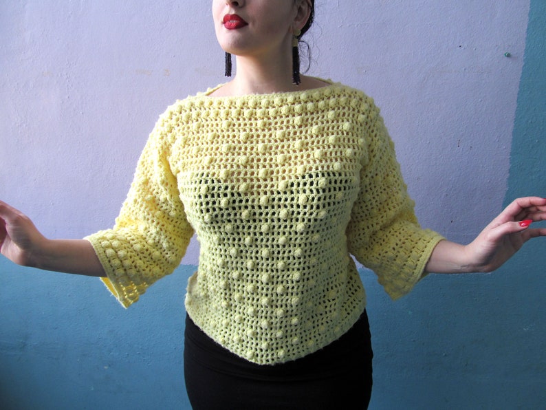 Vtg 70s Crochet Bobble Knit / Bell Sleeves / Yellow Sweater / Popcorn Knit image 1