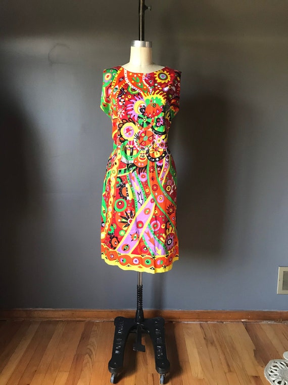 Vtg 60s Abstract Psychedelic Print Dress