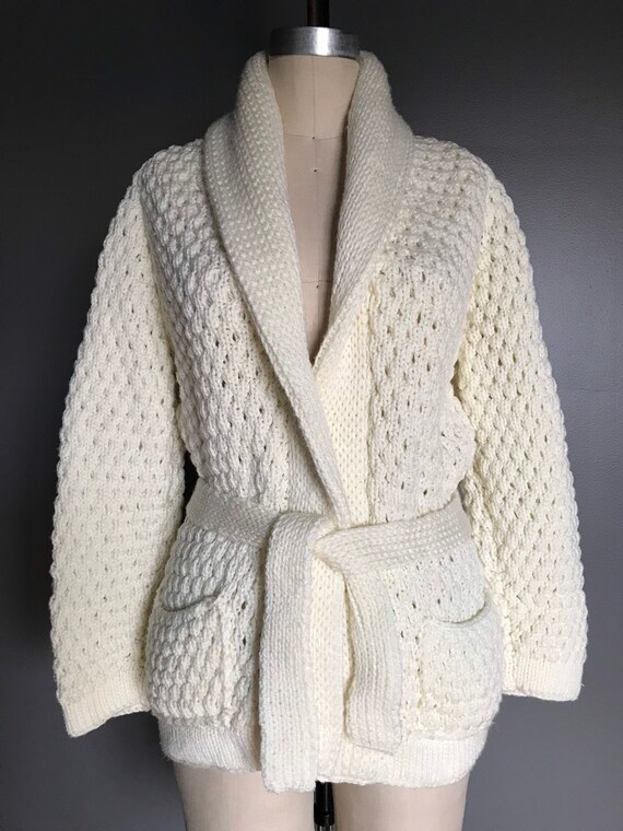 Vtg 70s Hand Knit Cream Cardigan