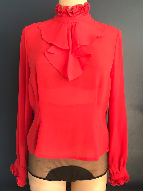 Vtg 70s 80s Red Blouse / High Neck Ruffle / Victo… - image 6