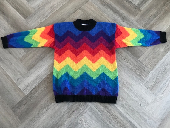Vtg 80s 90s Zig Zag Rainbow Stripe Sweater - image 2
