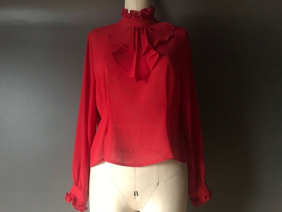 Vtg 70s 80s Red Blouse / High Neck Ruffle / Victo… - image 1