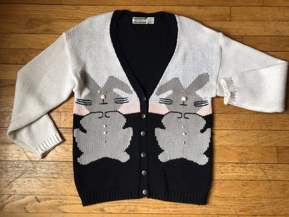Vtg 80s 90s Stefano Novelty Bunny Rabbit Cardigan… - image 1