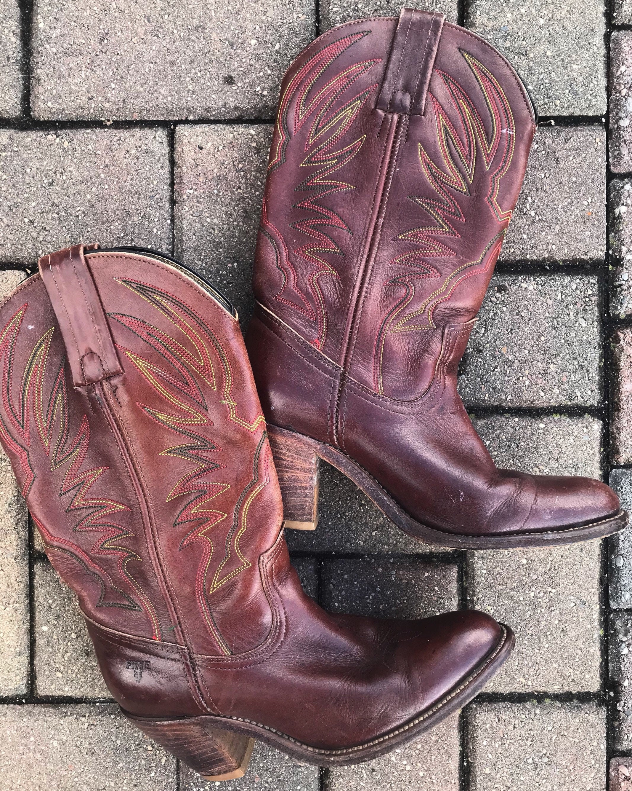 frye leather block heel western booties