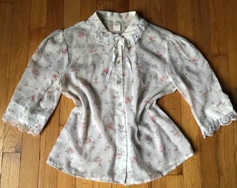 Vtg 70s Semi Sheer Floral Cotton Blouse