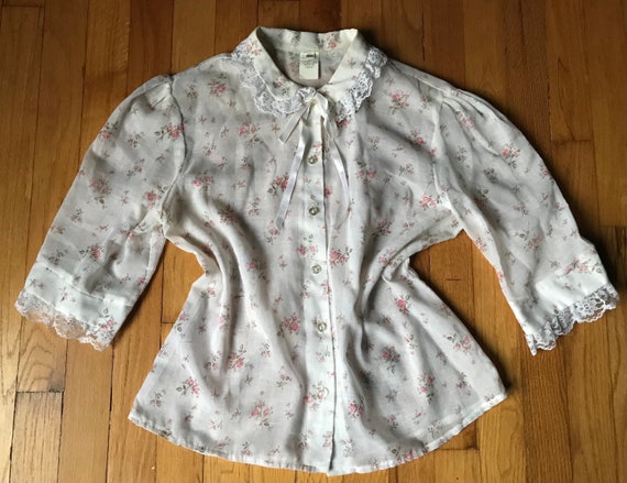 Vtg 70s Semi Sheer Floral Cotton Blouse - image 1