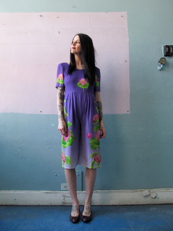 Vtg 80s 90s Floral Romper / Lotus Flower Play Suit