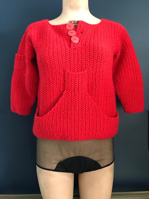 Vtg Handmade Red Crop Knit Pocket Sweater