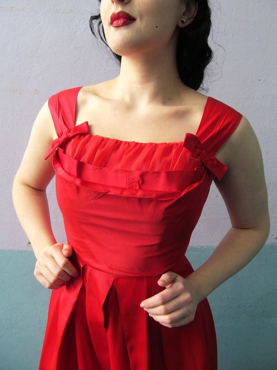 Vtg 50s Red Sweetheart Dress / Hot Cocktail Dress… - image 5