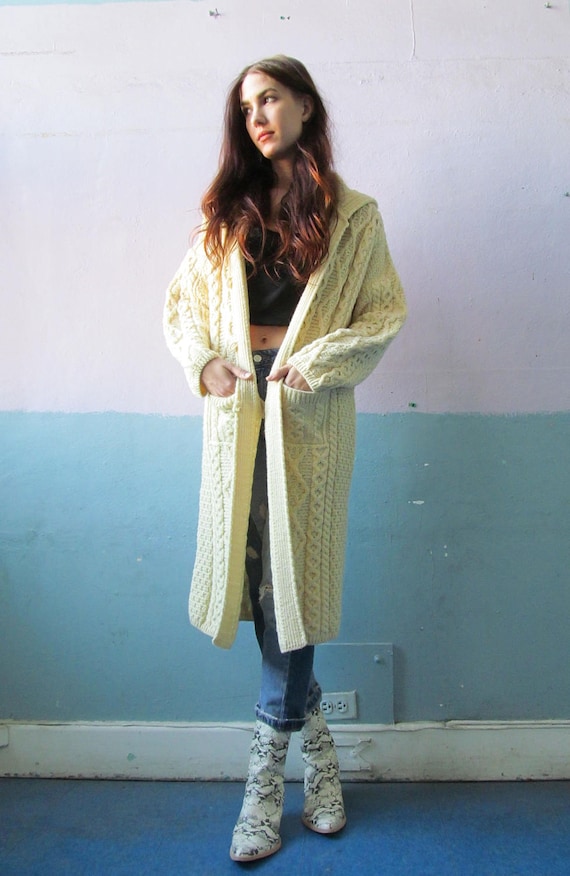 Vtg Cable Knit Long Sweater / Cream Wool Cardigan