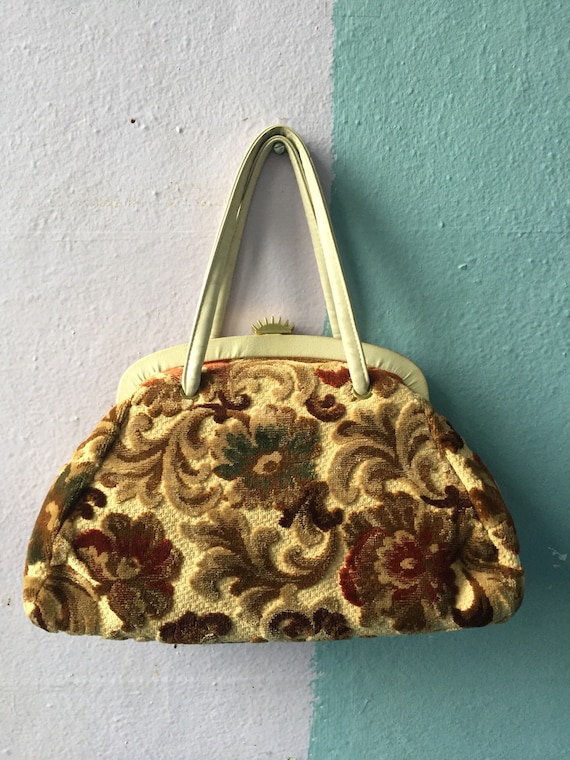 Vtg 60s Carpet Bag / Chenille Tapestry Purse - image 5