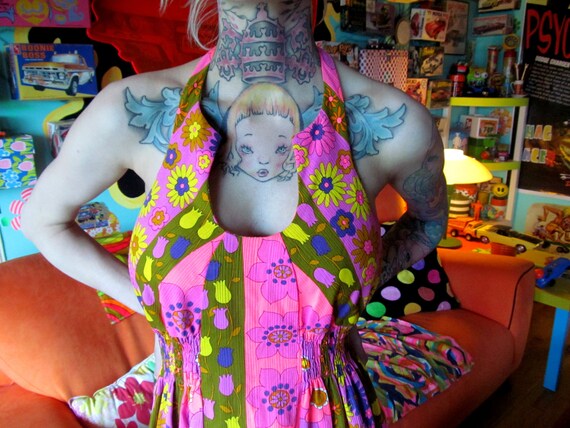 Vtg 60s Neon Psychedelic Halter Maxi Dress / Hawai