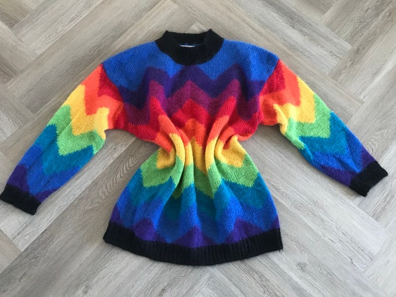 Vtg 80s 90s Zig Zag Rainbow Stripe Sweater - image 3