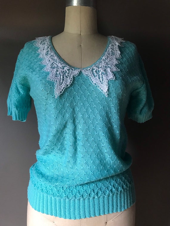 Vtg 70s 80s Lace Collar Sweater Knit Blouse - image 6
