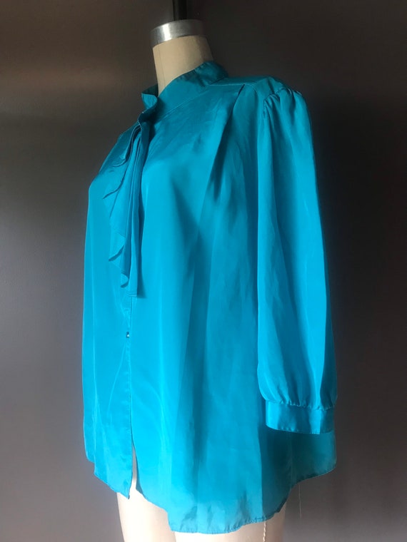 Vtg 70s 80s Teal Neck Ruffle Ascot Blouse - image 3