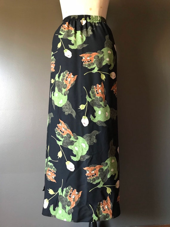 Vtg 80s 90s Silk Foo Dog Print Skirt / Sarong Sty… - image 5