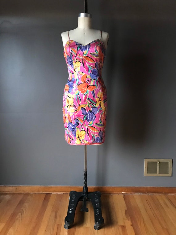 Vtg 80s 90s AJ Bari Floral Sequin Mini Dress