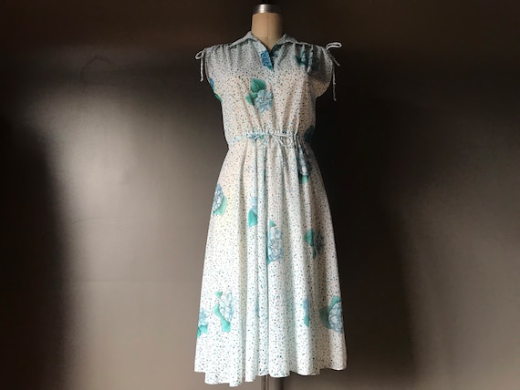 Vtg 70s Semi Sheer Ruched Shoulder Blue Floral Dr… - image 1