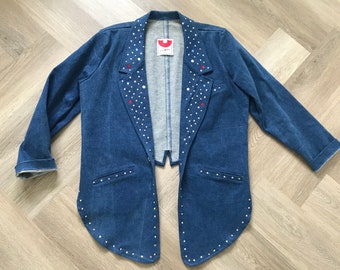 Veste blazer en jean ornée de bijoux VTG des années 80 et 90 / veste en jean smoking par cristal explosif orné