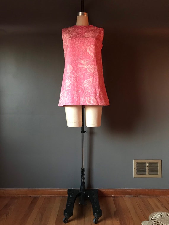 Vtg 60s Hand Screen Printed Pink Mini Dress / Beac
