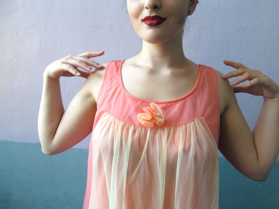 Vtg 60s Babydoll Pink And Peach Slip Dress - image 4