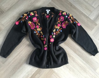 Vtg 80s Floral Embroidered Cardigan Sweater / Deep V Neck