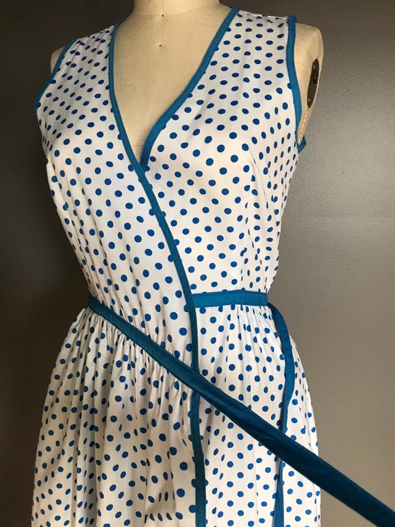 1980’s does 1960’s wrap style dress, black & grey polka dots matching waist tie