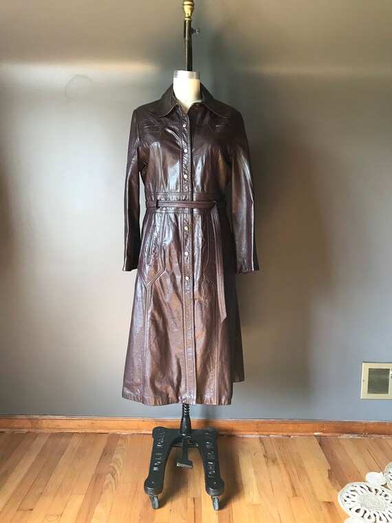 Vtg 70s Brown Leather Trench Coat