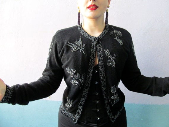 Vtg 50s Beaded Cardigan Sweater - image 1