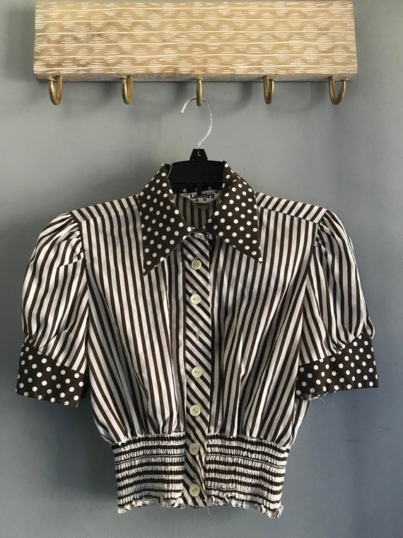 Vtg 60s 70s Button Up Blouse / Stripes and Polka … - image 6