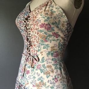 Vtg 70s Floral Cottage Halter Dress