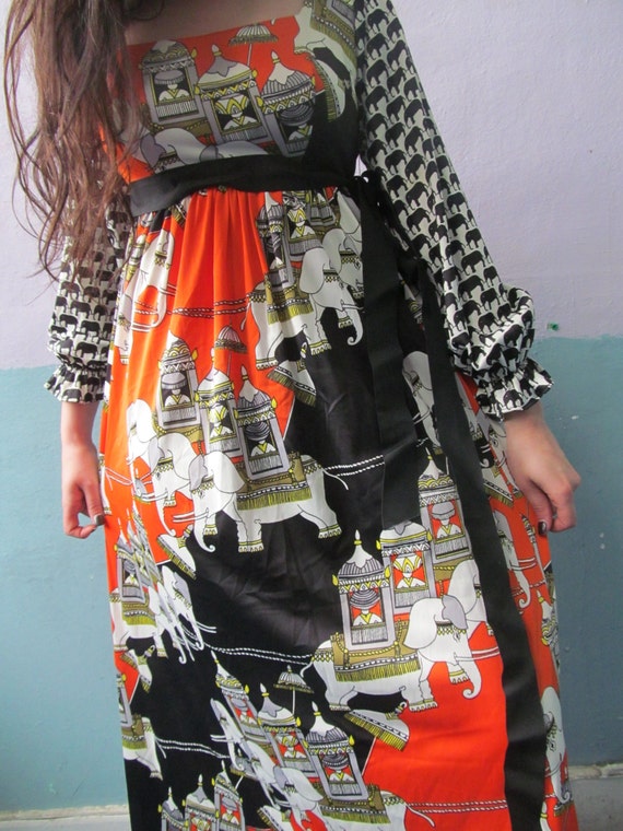 Vtg 70s Kamehameha Novelty Elephant Print Maxi Dr… - image 5