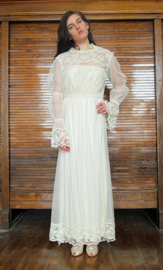 Vtg 70s Sheer Lace Overlay Wedding Dress/ San Fra… - image 2