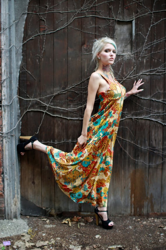 Vtg 60s Psychedelic Maxi Dress / Mod Tree Print - image 2