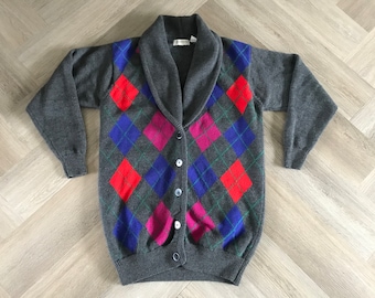 Vtg 80s Argyle Merino Wool Cardigan