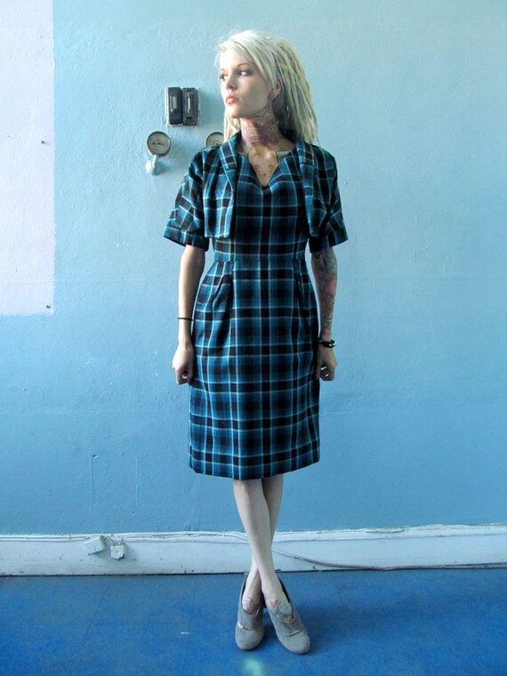 Vtg 40s 50s Blue Plaid Dress / Matching Bolero Ja… - image 2