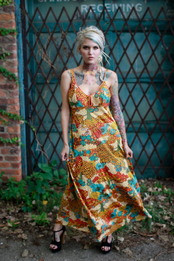 Vtg 60s Psychedelic Maxi Dress / Mod Tree Print