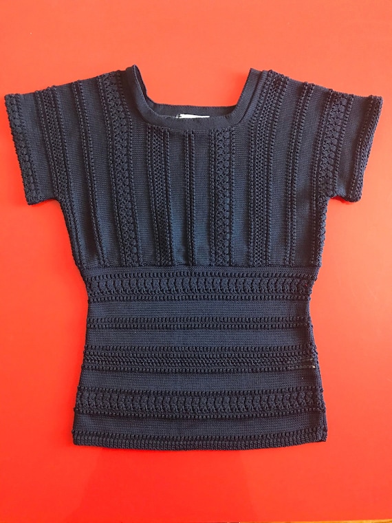 Vtg 70s Navy Blue Crochet Knit Shirt - image 1