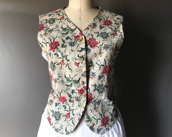 Vtg 90s Liz Sport Floral Linen Vest