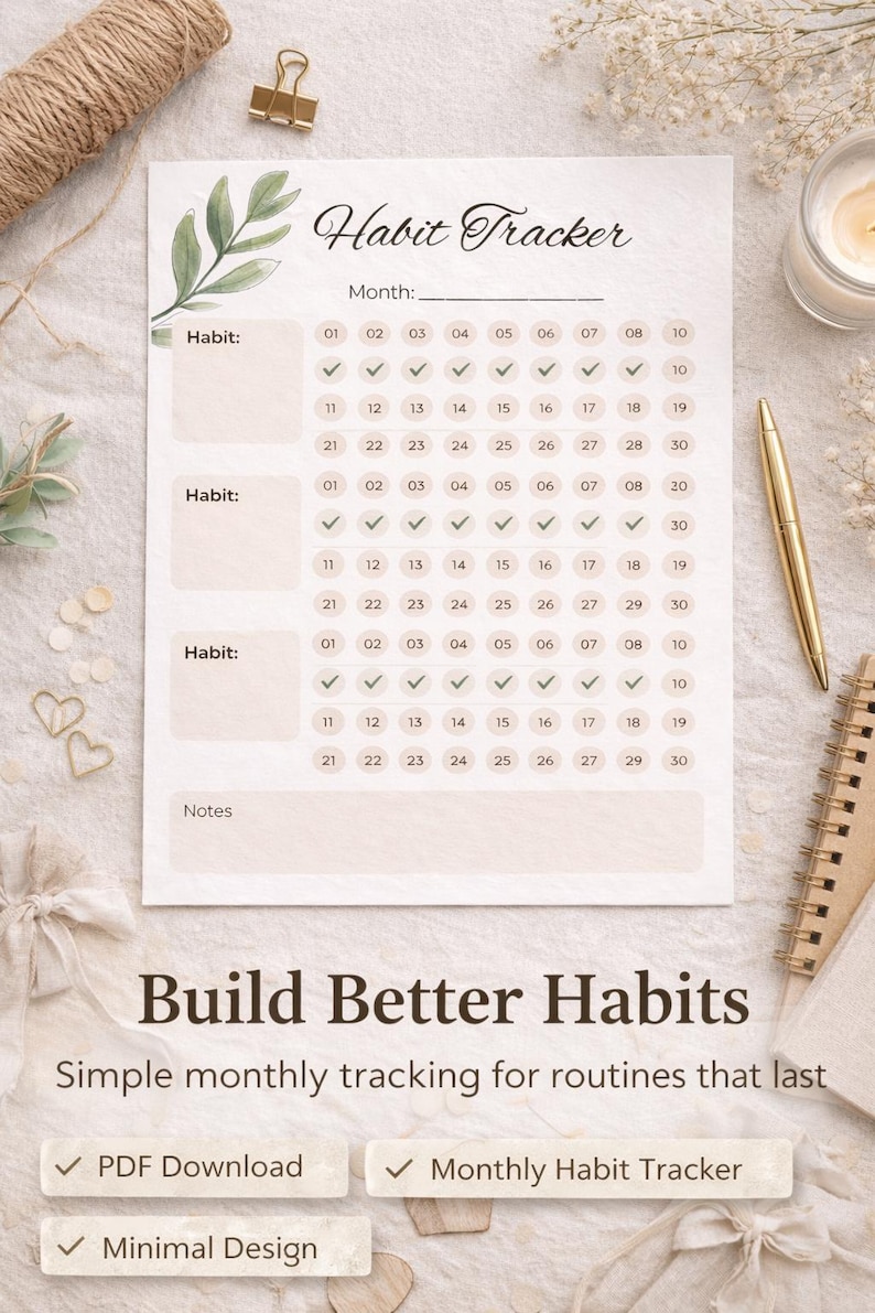 Minimalist Habit Tracker Printable, Monthly Goal Planner (PDF Download ...