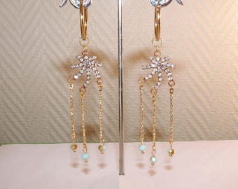 Boucles d'oreilles créoles pendantes strass cristaux qui brillent bijoux dorés