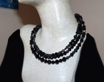 Collier 3 rangs de perles noires à facettes en cristal en perles semi précieuses lave et hématite Bijoux élégants