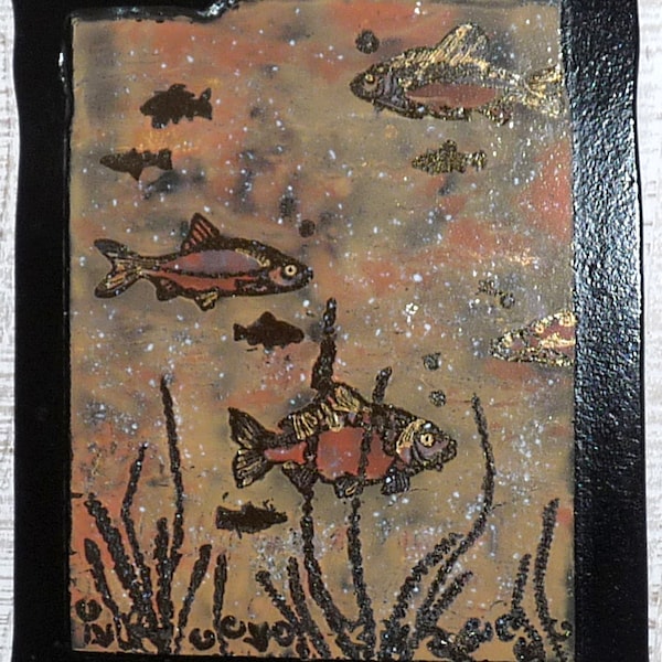 Tableau marine les poissons en samensmelten van decoratieve muurschilderingen en verre fusionné door créateur verrier