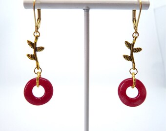 Boucles d'oreilles rouges feuilles dorées perle donut roue en verre fusionné bijoux pour femme fille