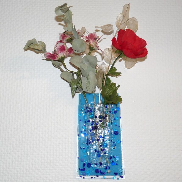 Vase mural pointillisme bleu pour les fleurs fraîches ou séchées décoration murale en verre fusionné en fusing