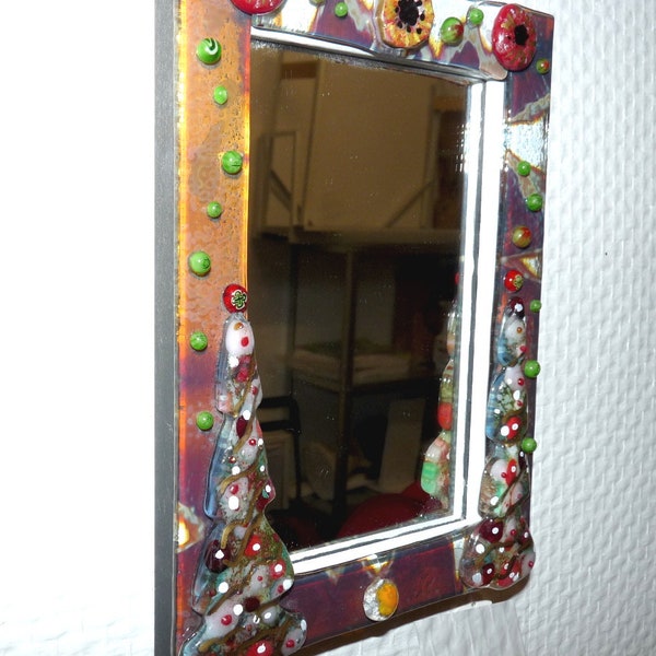 Miroir sapin de Noël création en fusing décoration murale en verre fusionné