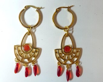 Boucles d'oreilles rouges et dorées bijoux modernes anneaux créoles perles pendantes pour femme fille