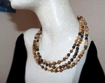 Collier 3 rangs de perles semi précieuses oeil de tigre Bijoux élégants
